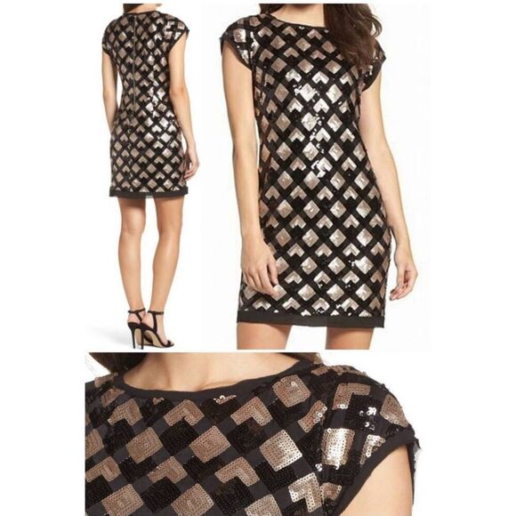Eliza J Blk/Gold Sequin Shift Mini Dress, Cap Sleeve, Lined, EUC, Sz. 12 - Picture 1 of 13